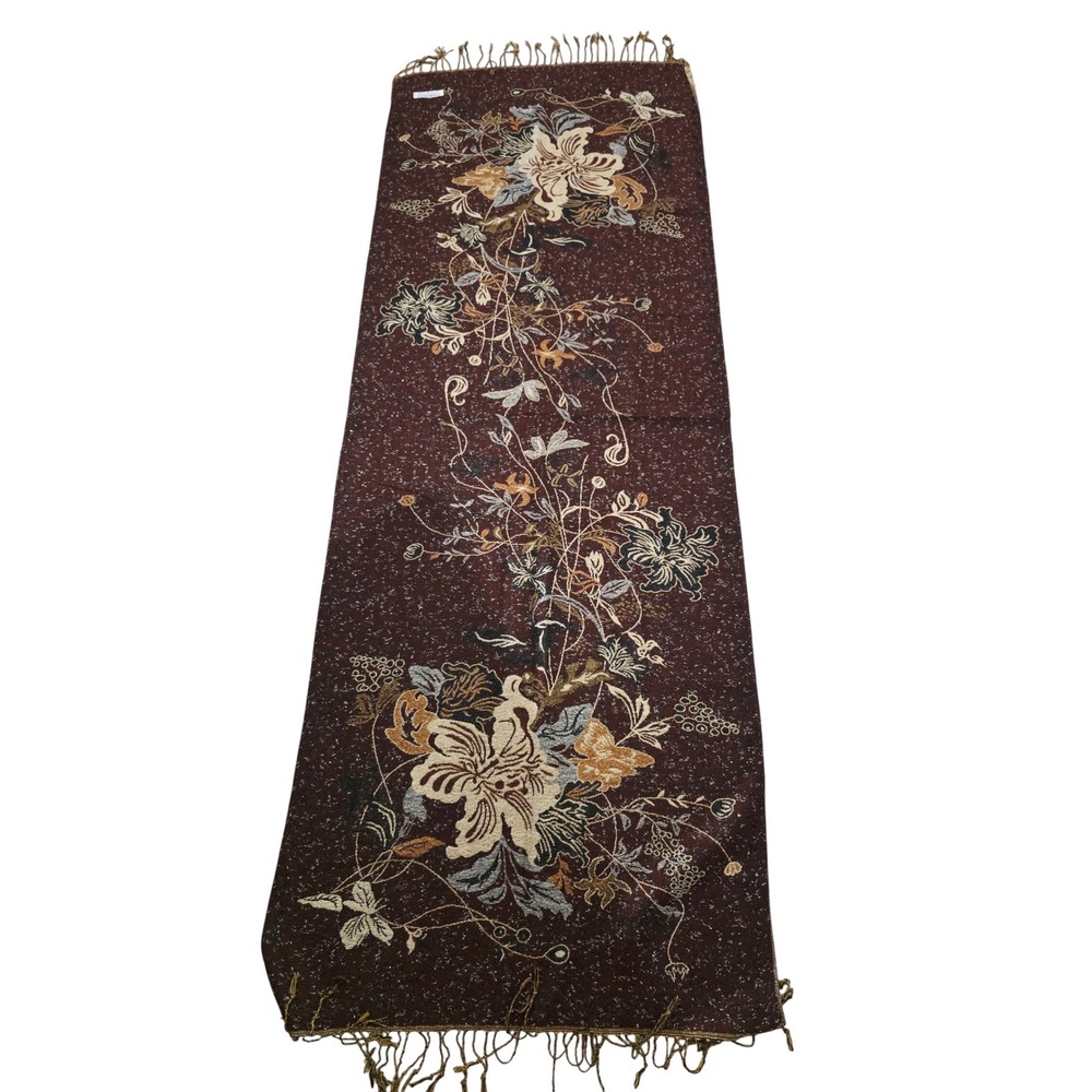 Pashmina 90%‎ Cashmere 10% Silk Long Floral Scarf Shawl Wrap Brown Gold Fringe - Picture 2 of 13
